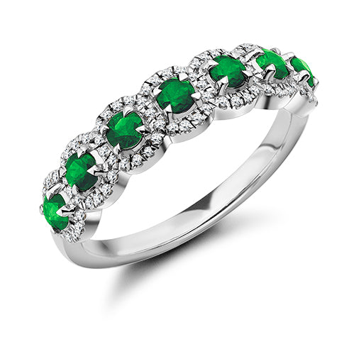 Emerald With Diamond Halo Eternity Ring In White Gold