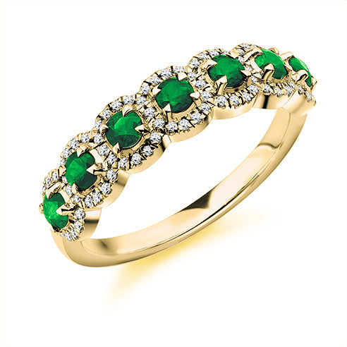 Emerald With Diamond Halo Eternity Ring In Yellow Gold