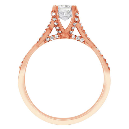 Engagement Ring With Twisted band made in rose gold standing upright