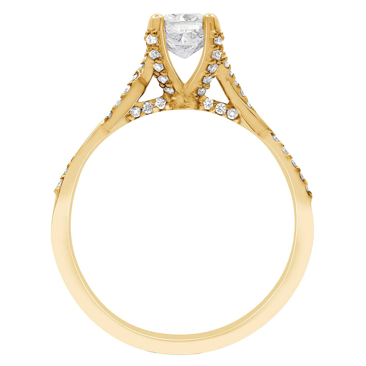 Engagement Ring With Twisted band made in yellow gold standing in an upright position