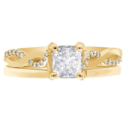 Engagement Ring With Twisted band made in yellow gold pictured with a plain wedding ring