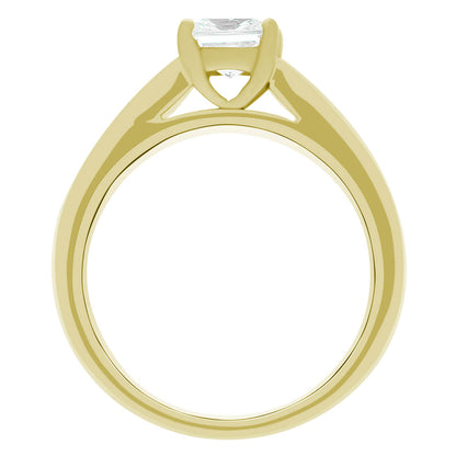 Fancy Cut Diamond Ring made from yellow gold standing in an upright position