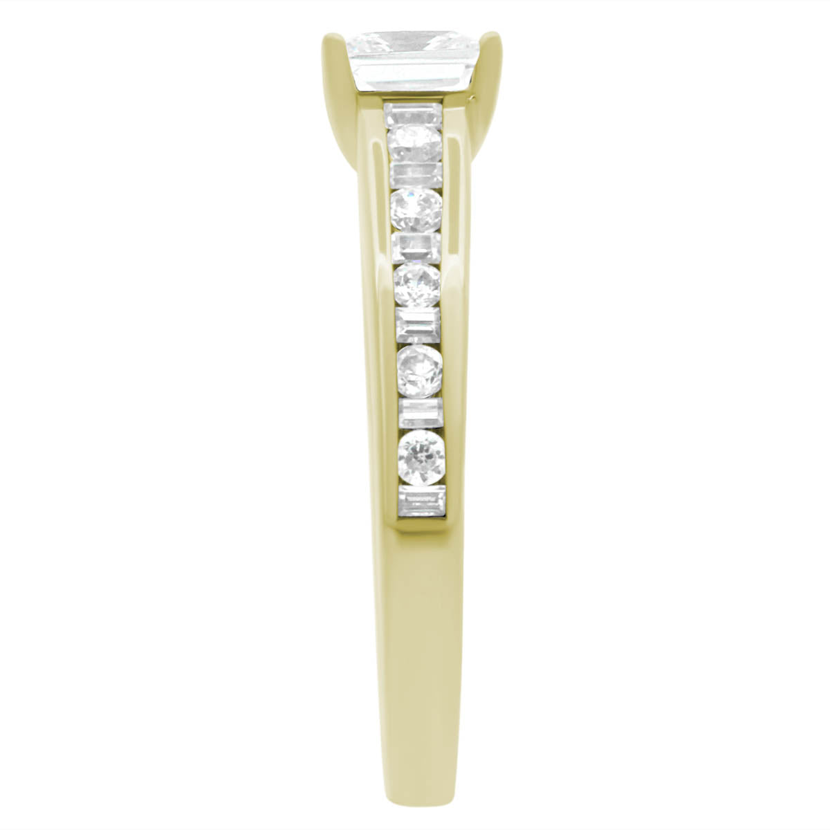 Fancy Cut Diamond Ring made from yellow gold standing upright and pictured from the side