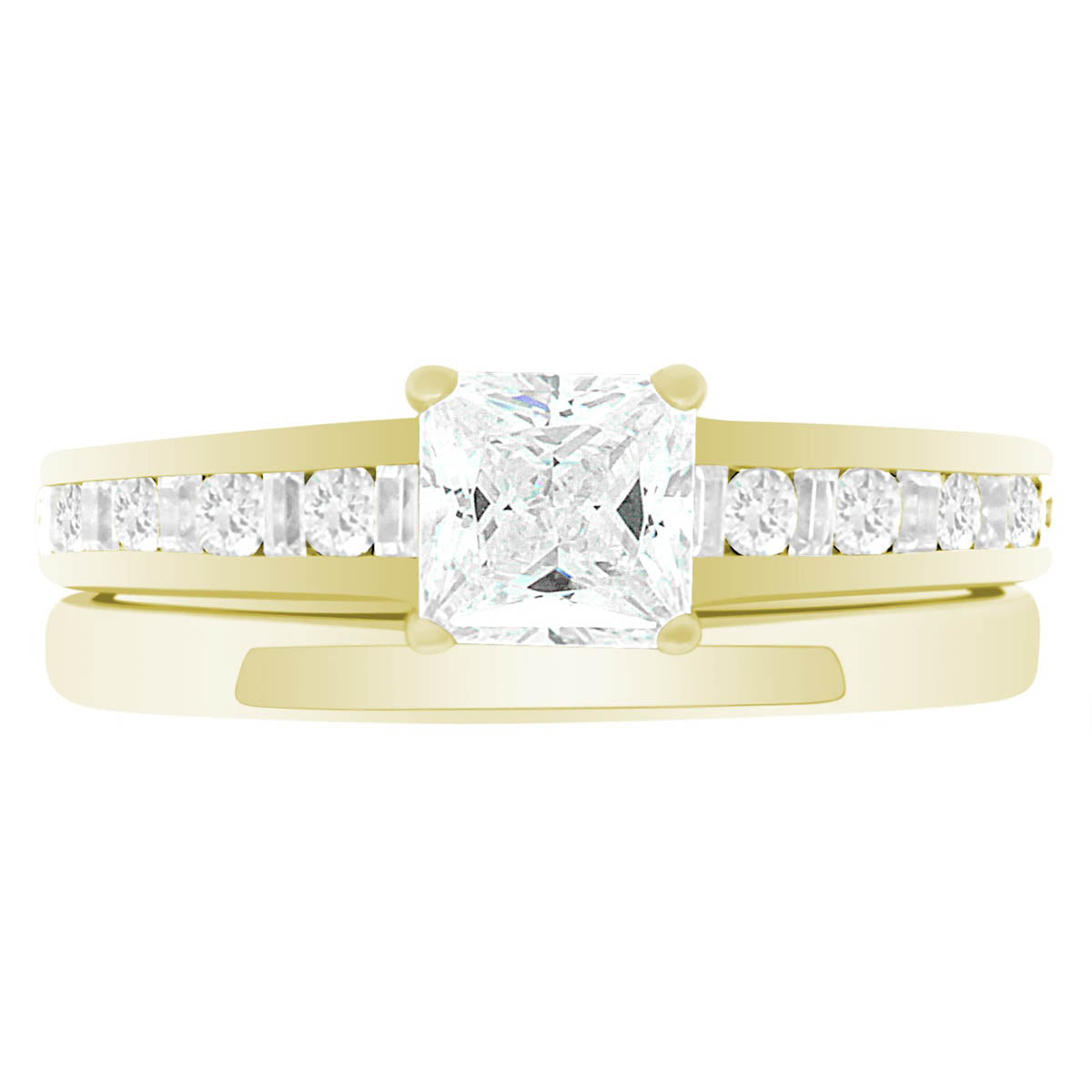 Fancy Cut Diamond Ring made from yellow gold and pictured with a plain wedding ring