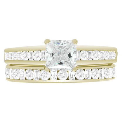 Fancy Cut Diamond Ring made from yellow gold pictured with a diamond set wedding ring