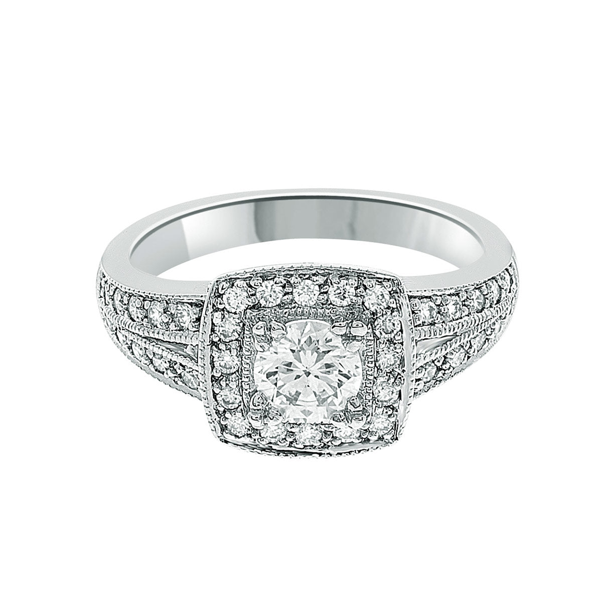 Round Cut Halo Diamond Engagement Ring with Platinum Milgrain Band - 'Ruth’