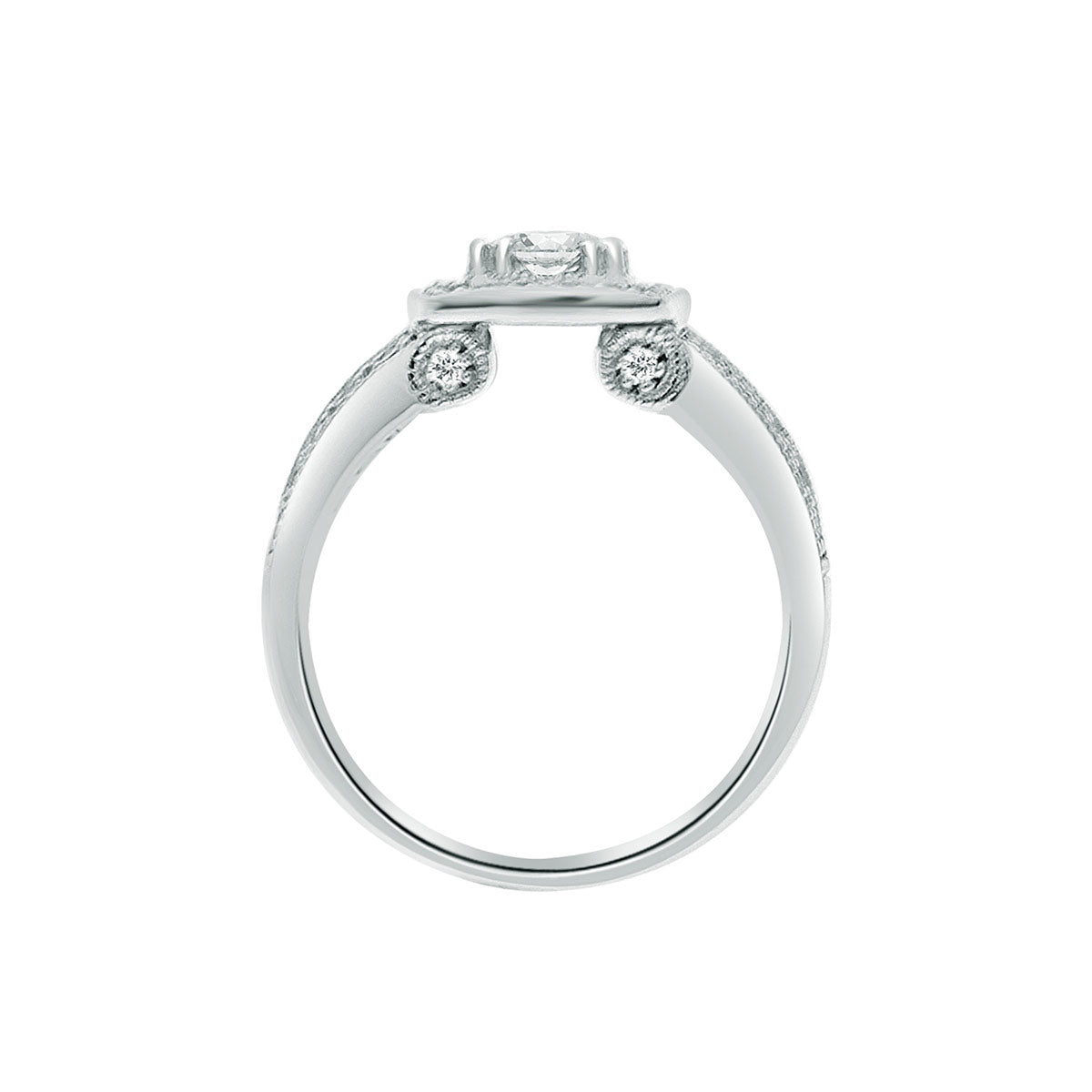 Round Cut Halo Diamond Engagement Ring with White Gold Milgrain Band - 'Ruth’