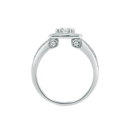 Halo Engagement Ring with Milgrain in white gold in an vertical position