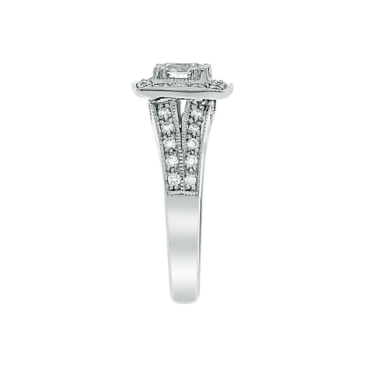 Halo Engagement Ring with Milgrain in white gold in a side view