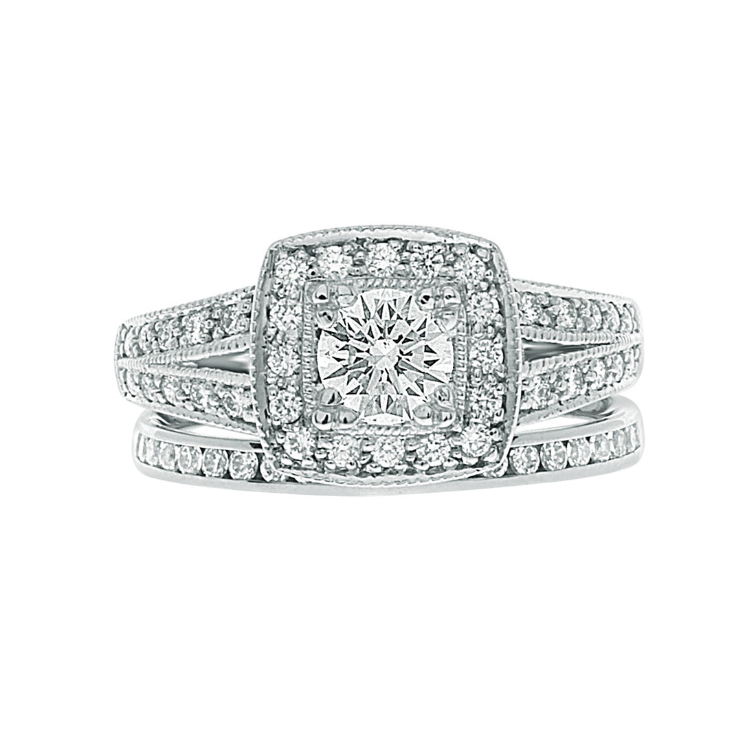 Halo Engagement Ring with Milgrain in white gold pictured with a matching diamond wedding ring