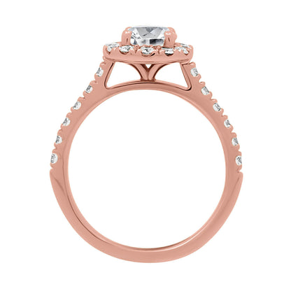 Halo Engagement Ring Diamond Band in rose gold standing upright