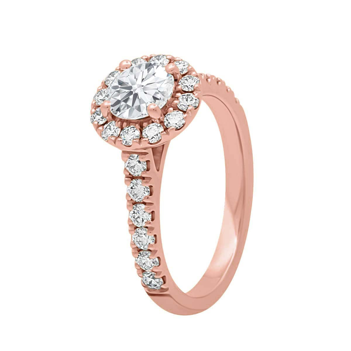 Halo Engagement Ring Diamond Band in rose gold  upright and angled diagonally 