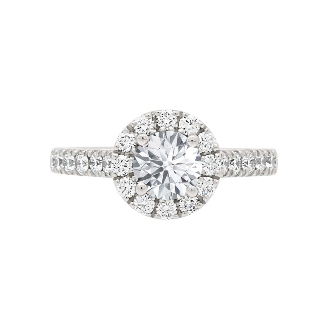 Halo Engagement Ring Diamond Band in white gold laying flat