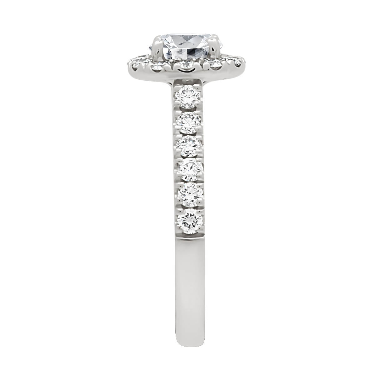 Halo Engagement Ring Diamond Band in white gold  from a upright side view