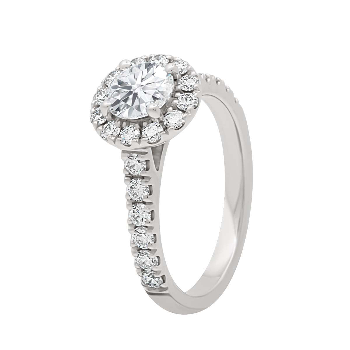 Halo Engagement Ring Diamond Band in white gold  from an angled upright view