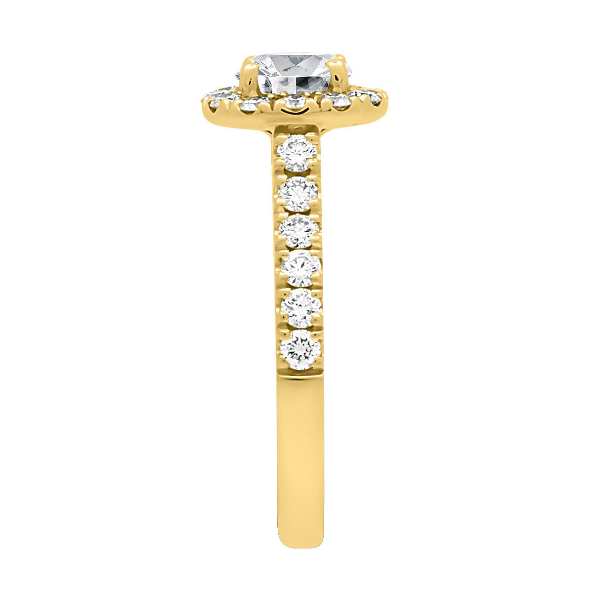 Halo Engagement Ring Diamond Band in yellow gold  upright and from the side view