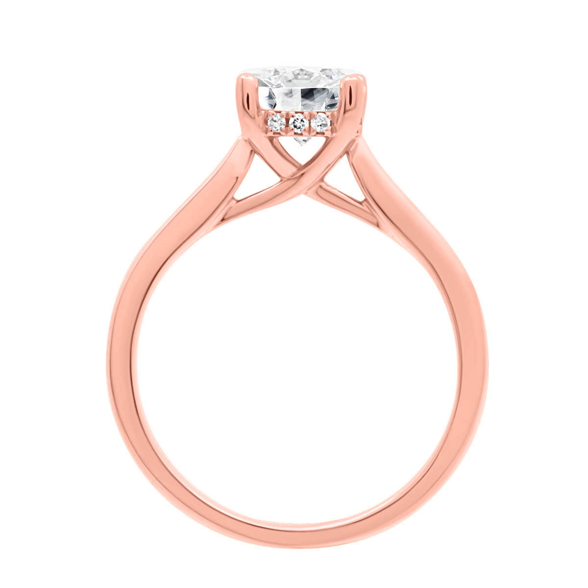 Hidden Halo Solitaire Engagement Ring in rose gold and upright position