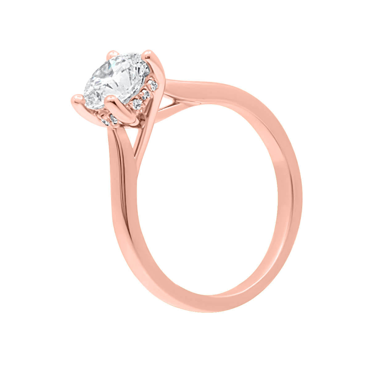 Hidden Halo Solitaire Engagement Ring in rose gold and upright position angled
