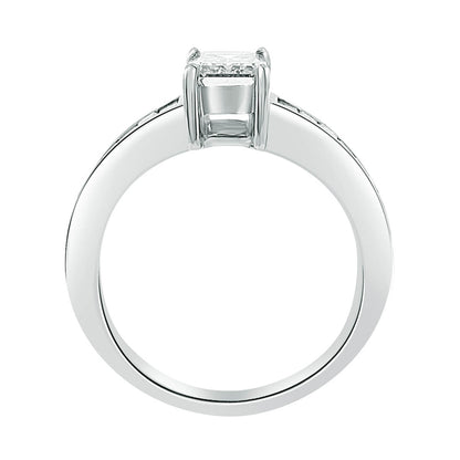 Emerald Cut Engagement Ring made from platinum standing upright