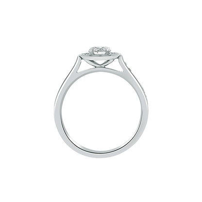 Round Halo Engagement Ring in white gold in upright position