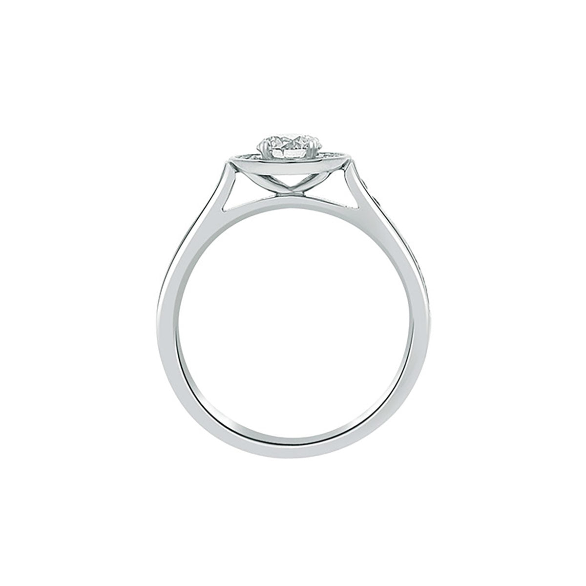 Round Halo Engagement Ring in white gold in upright position