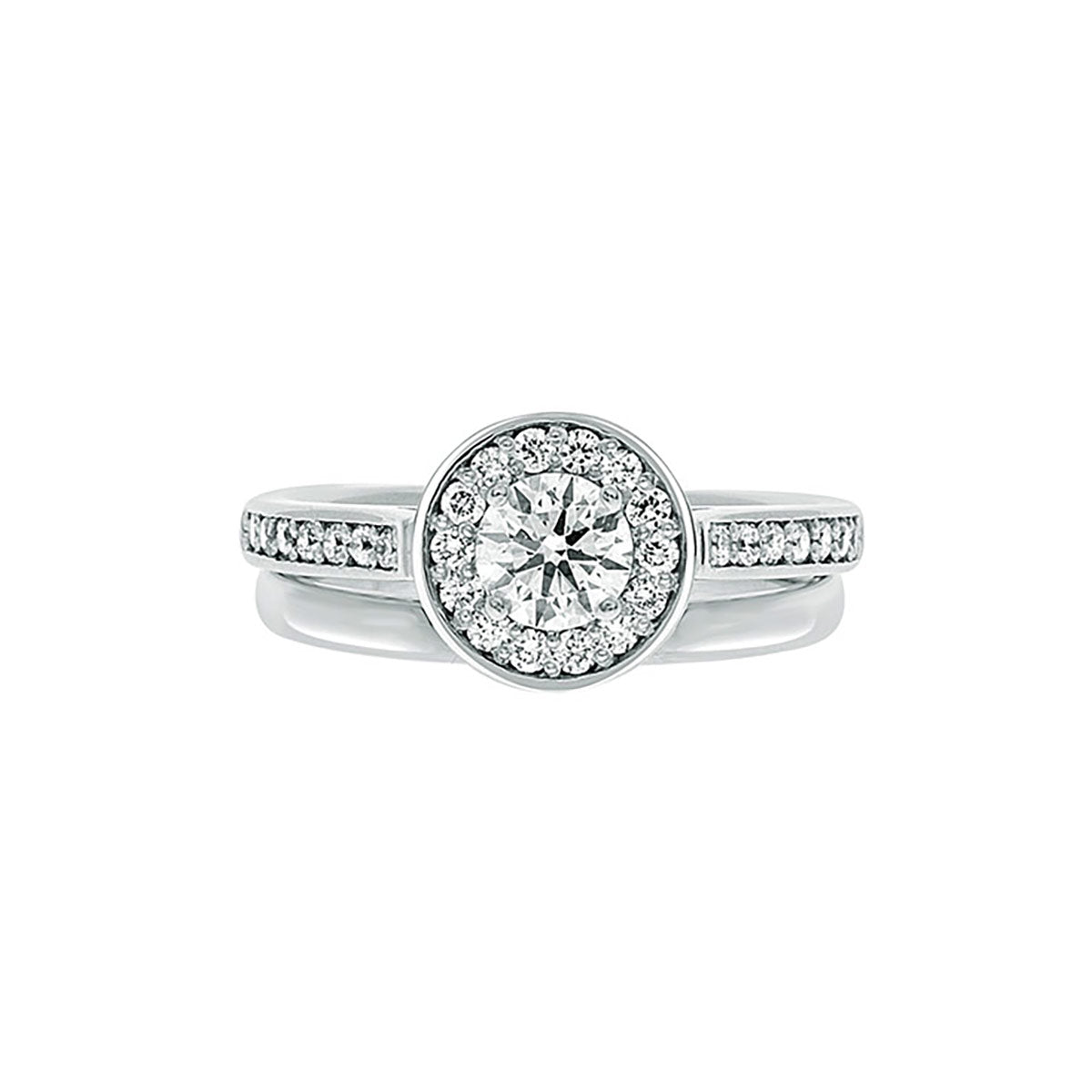 Round Halo Engagement Ring in white gold with a matching plain wedding band