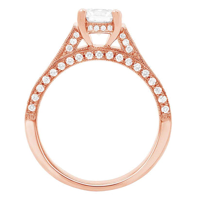 Diamond Encrusted Engagement Ring made in rose gold standing upright