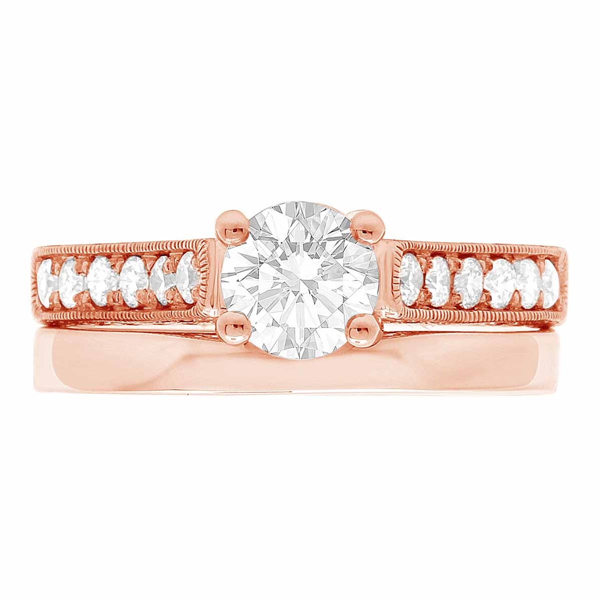 Diamond Encrusted Engagement Ring made in rose gold pictured with a matching plain wedding ring