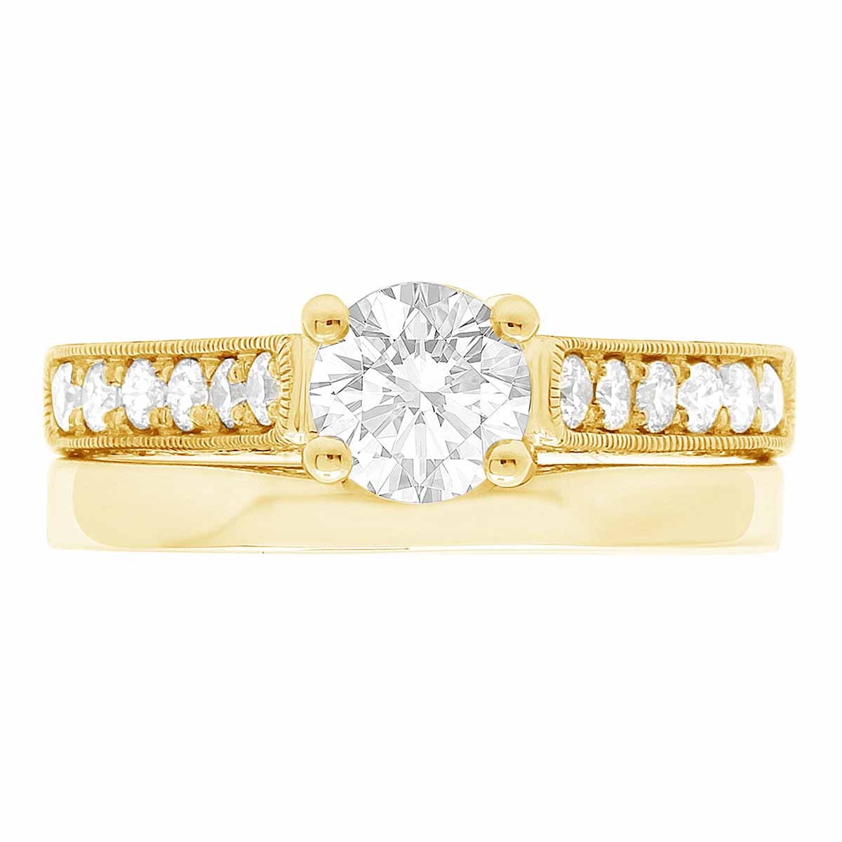 Diamond Encrusted Engagement Ring made in yellow gold with a matching plain wedding ring
