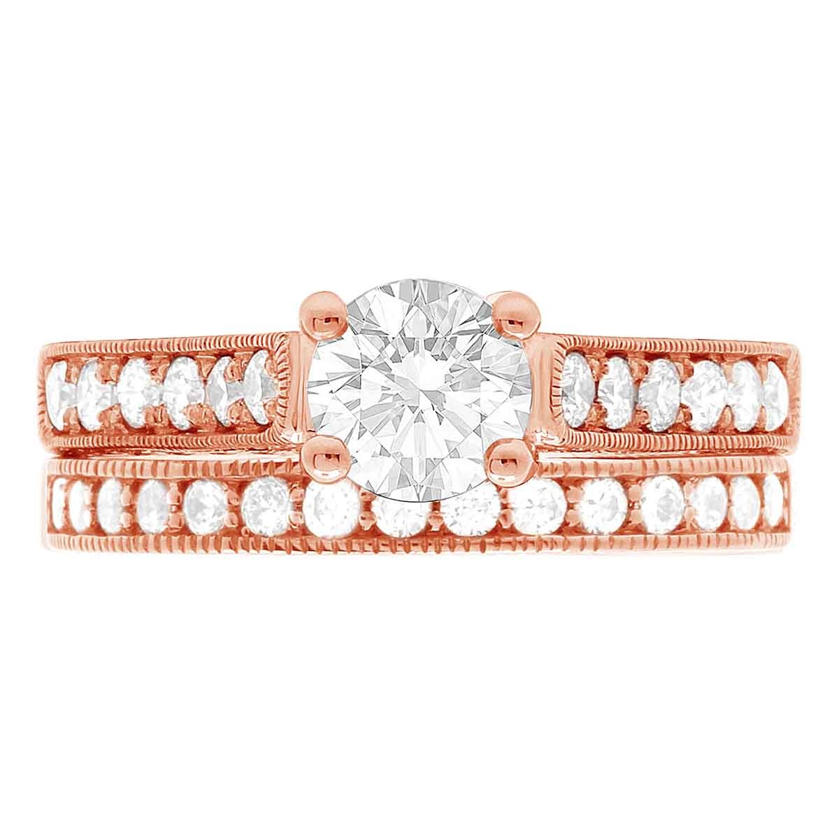 Diamond Encrusted Engagement Ring made in rose gold pictured with a matching diamond encrusted wedding ring