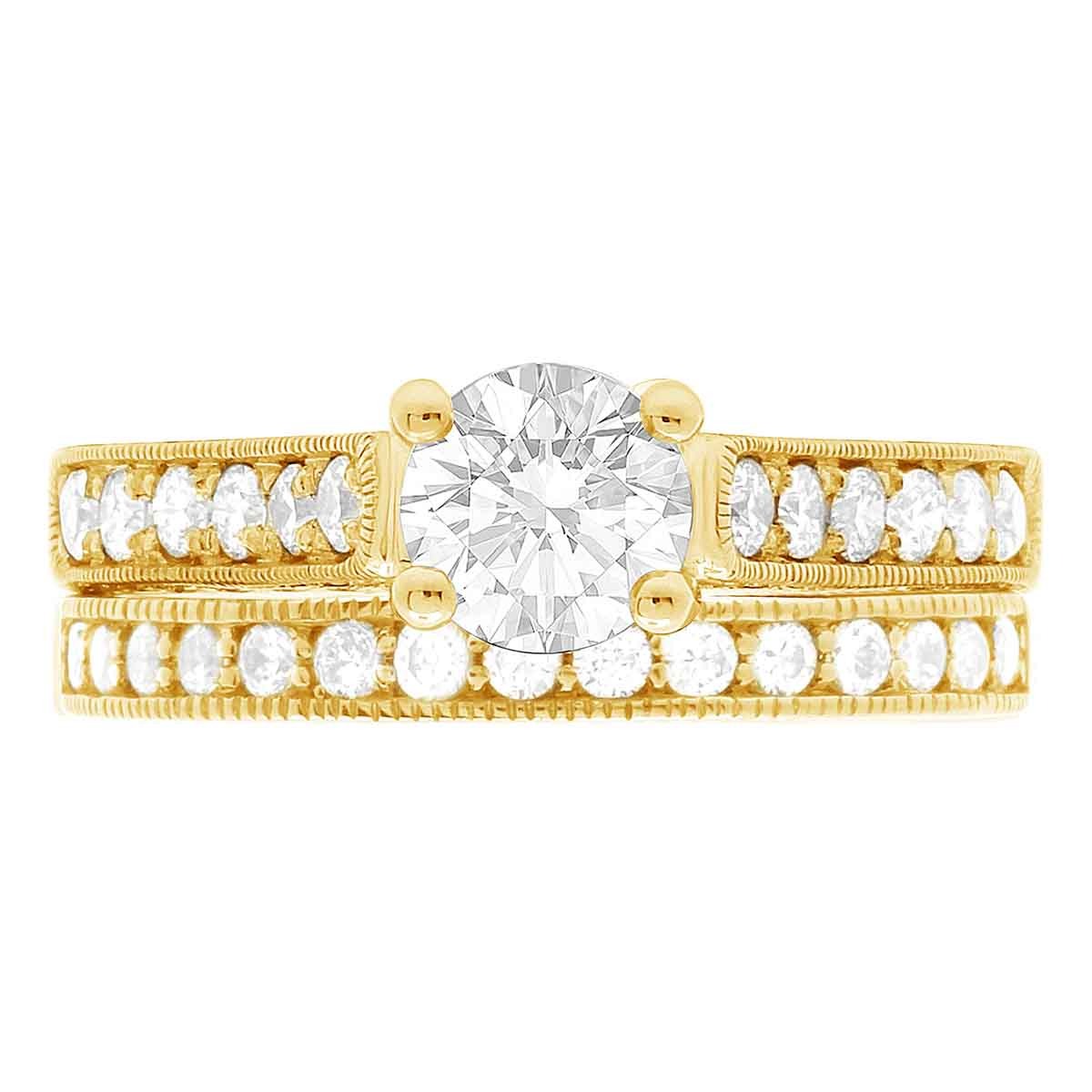 Diamond Encrusted Engagement Ring made in yellow gold pictured with a matching diamond wedding ring