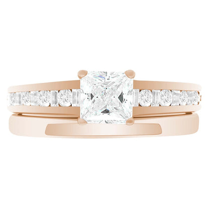 Fancy Cut Diamond Ring made from rose gold and pictured with a plain wedding ring