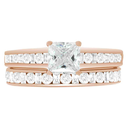 Fancy Cut Diamond Ring made from rose gold and pictured with a mixed cut diamond wedding ring
