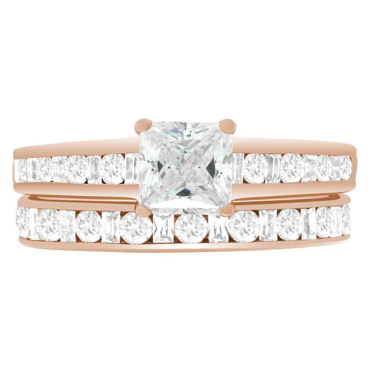 Fancy Cut Diamond Ring made from rose gold and pictured with a mixed cut diamond wedding ring