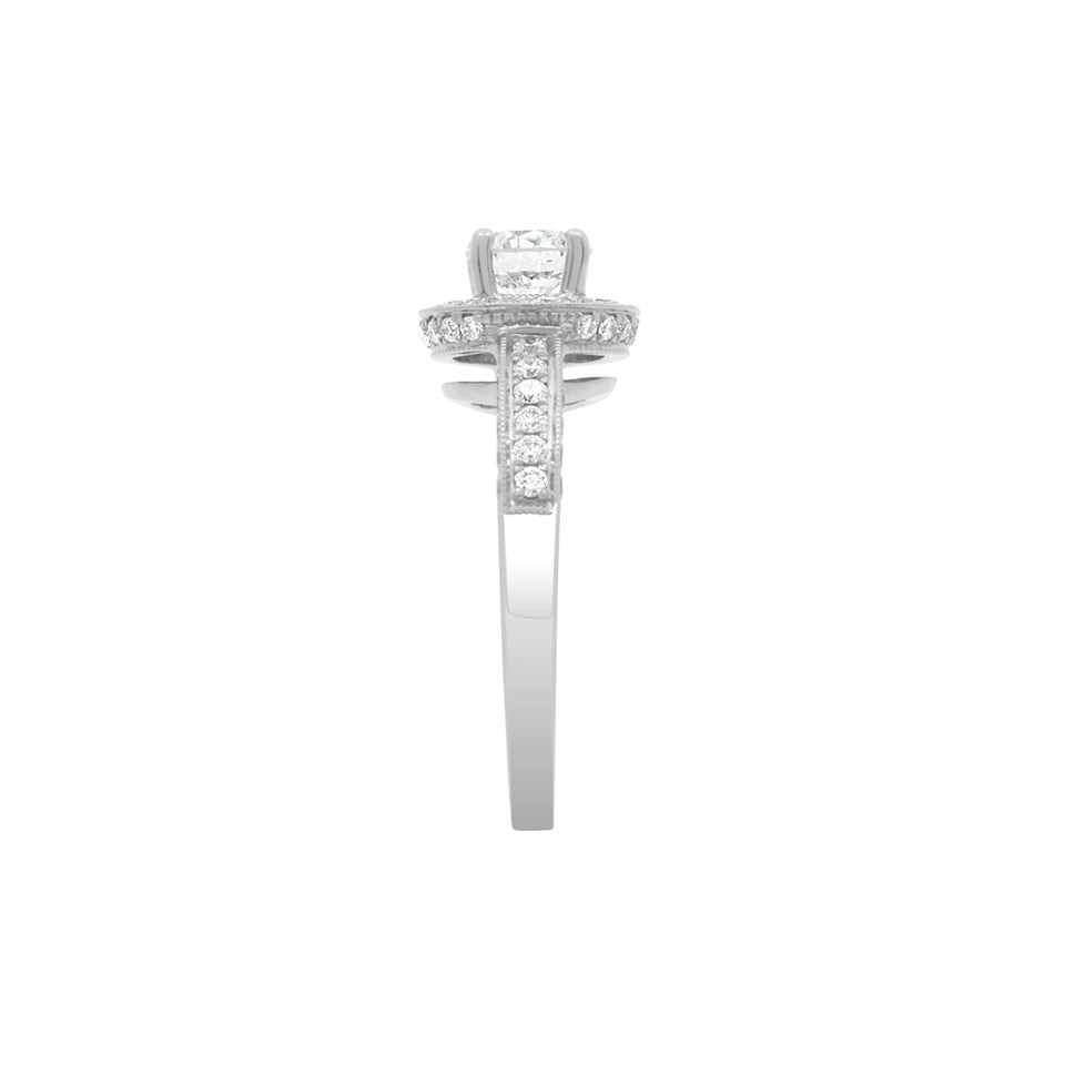 Antique Engagement Ring in white gold in an upright position from the side view