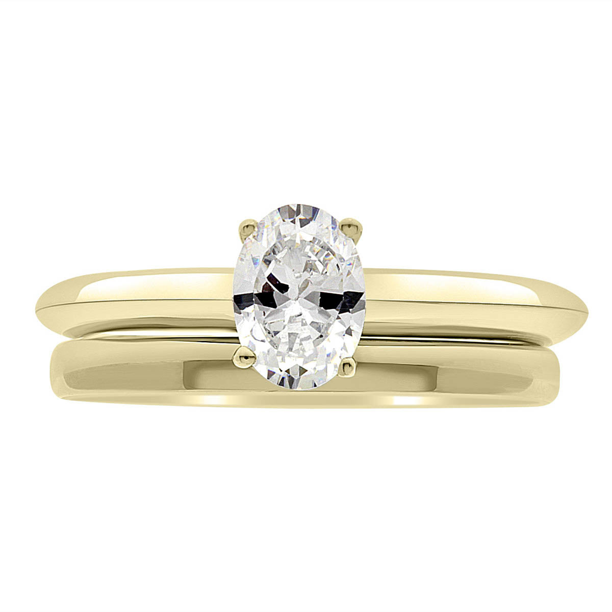 Knife Edge Band Engagement Ring in yellow gold metal with a matching plain gold wedding ring