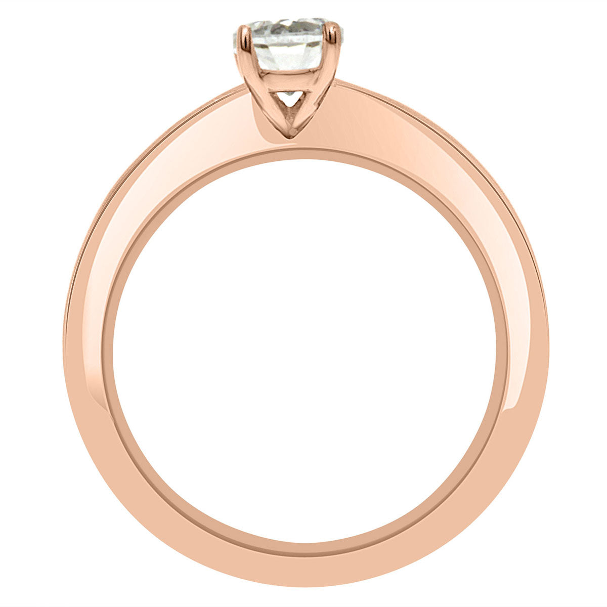 Knife Edge Band Engagement Ring in rose gold metal standing upright