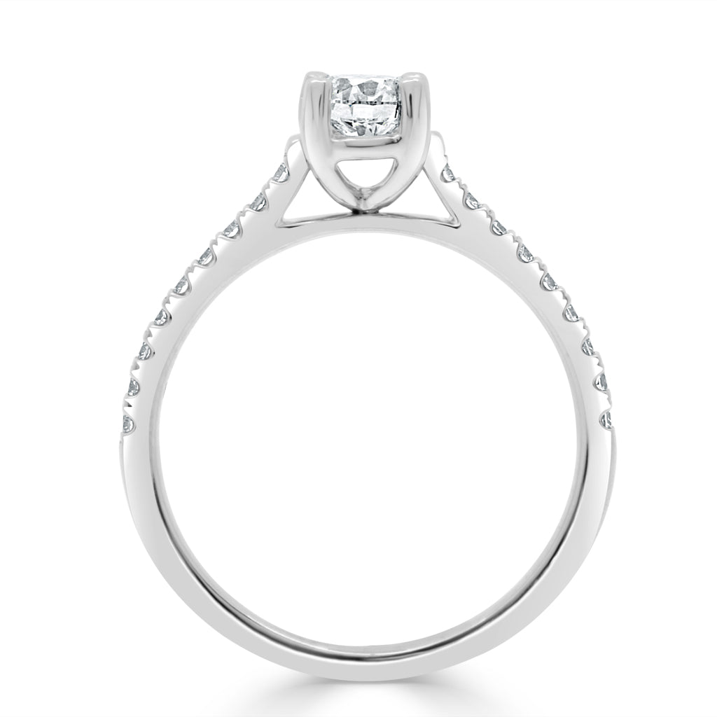 Castell Set Diamond Ring in white gold laying flat standing upright
