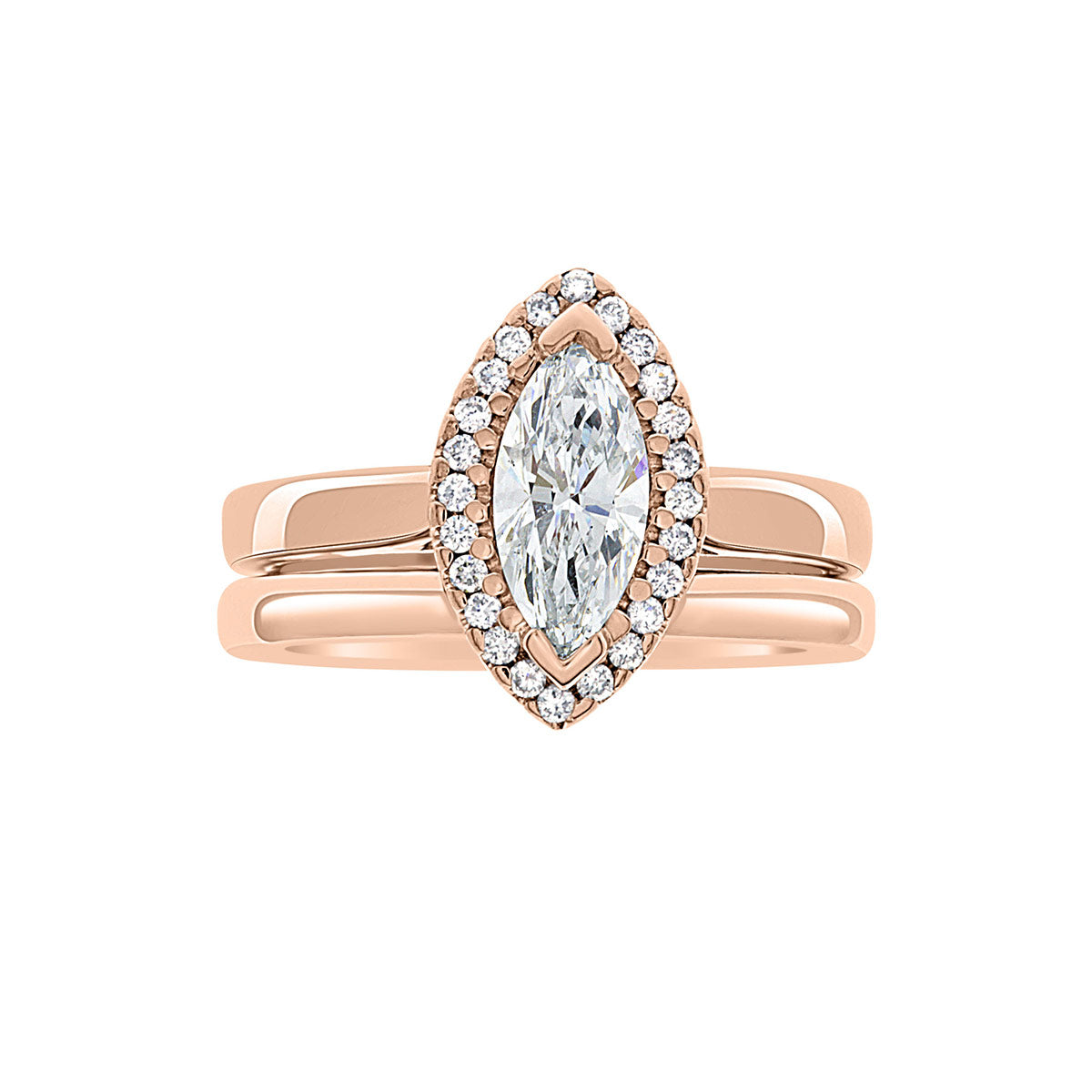 Marquise Cut Halo Ring in rose gold pictured with a matching rose gold wedding ring