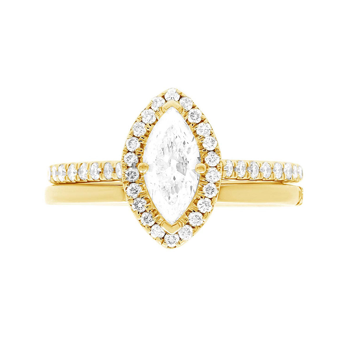 Marquise Halo Engagement Ring in yellow gold pictured with a matching wedding ring