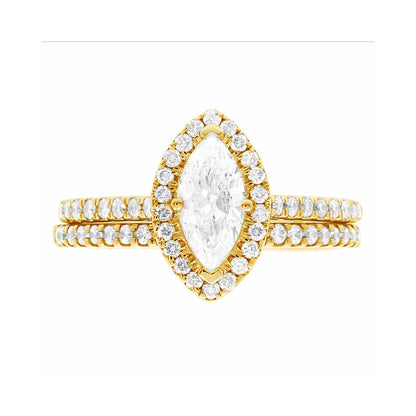 Marquise Halo Engagement Ring in yellow gold pictured with a matching diamond wedding band