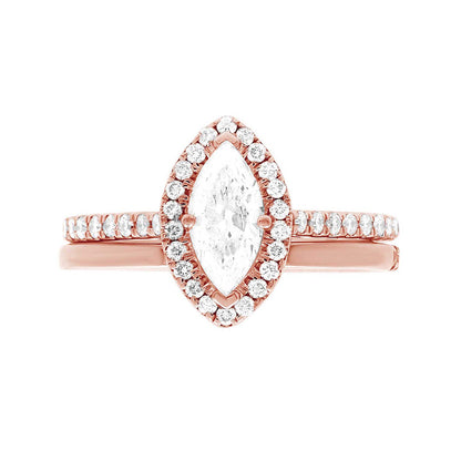 Marquise Halo Engagement Ring in rose gold with a matching plain rose gold wedding band