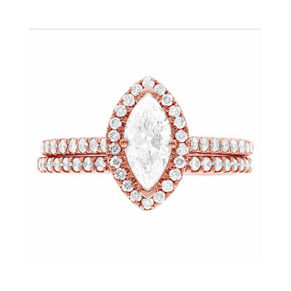 Marquise Halo Engagement Ring in rose gold with a matching diamond set wedding band