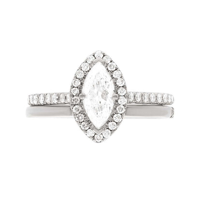 Marquise Halo Engagement Ring in white gold pictured with a matching wedding ring