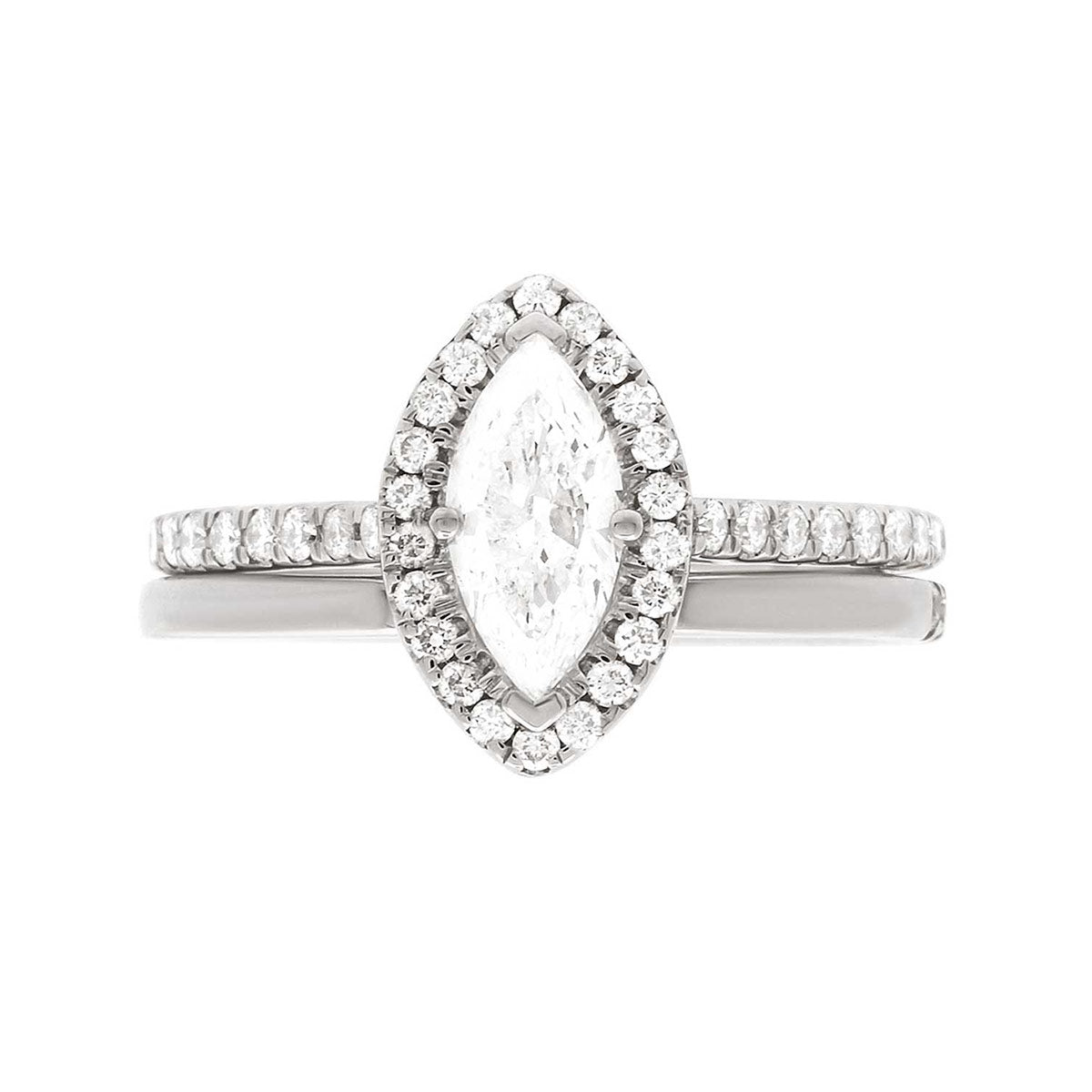 Marquise Halo Engagement Ring in white gold pictured with a matching wedding ring