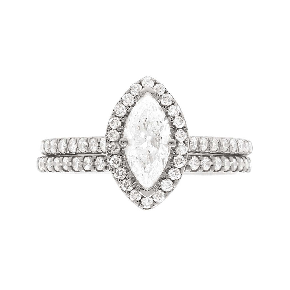 Marquise Halo Engagement Ring in white gold pictured with a diamond set wedding ring