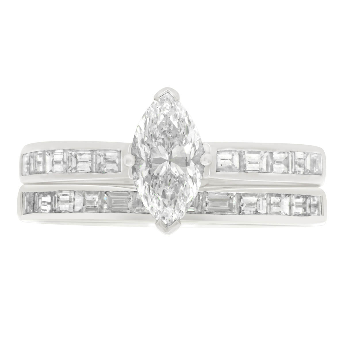 Marquise Diamond Ring made with Platinum pictured with a diamond set wedding ring