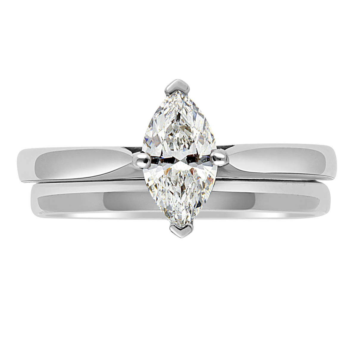 Marquise Solitaire Engagement Ring made from white gold with a matching plain wedding ring