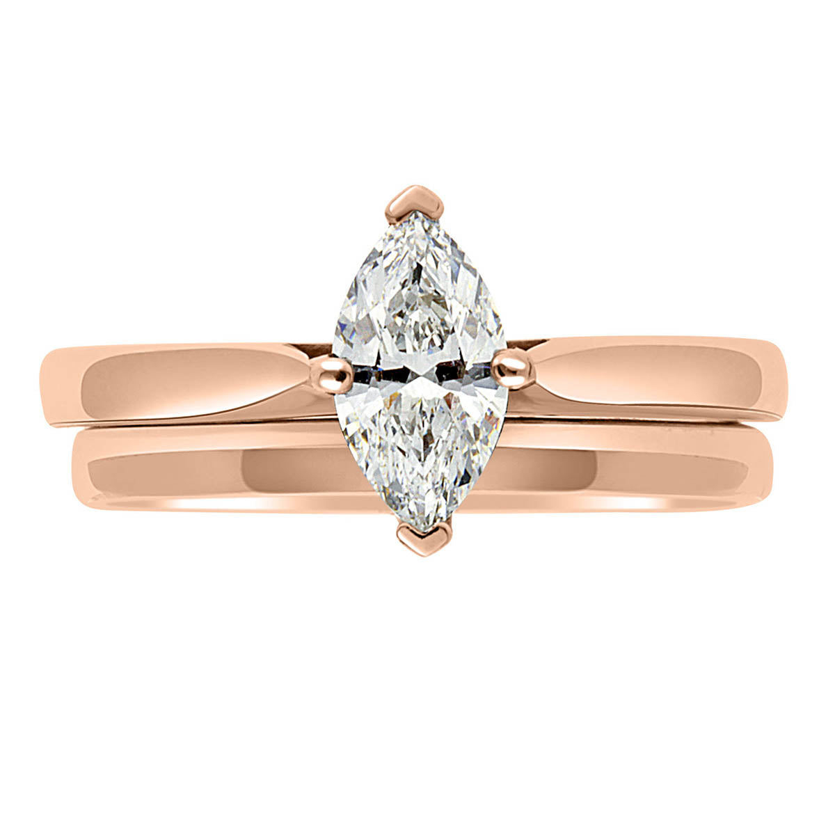 Marquise Solitaire Engagement Ring made from rose gold with a matching plain wedding ring