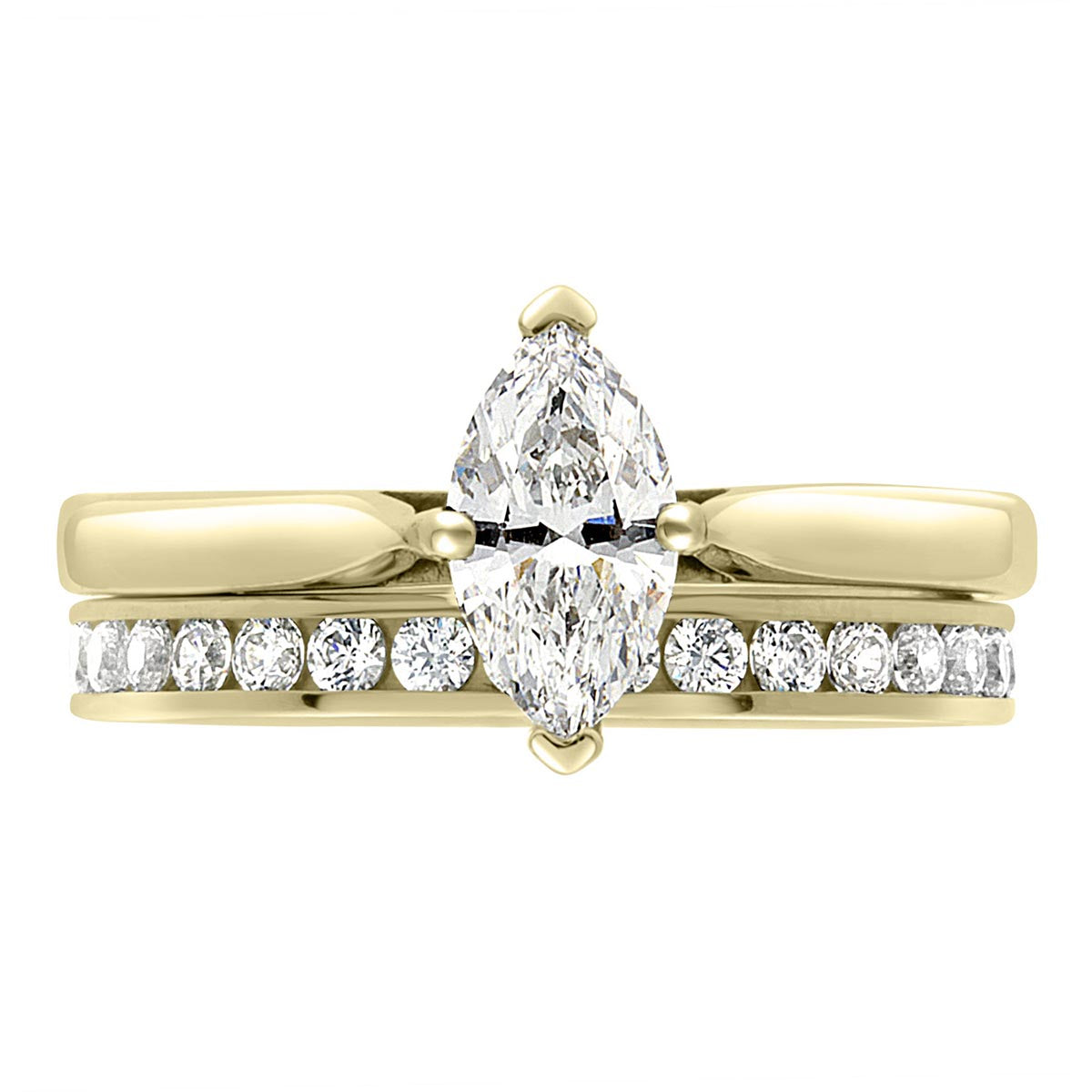 Marquise Solitaire Engagement Ring made from yellow gold pictured with a diamond wedding ring